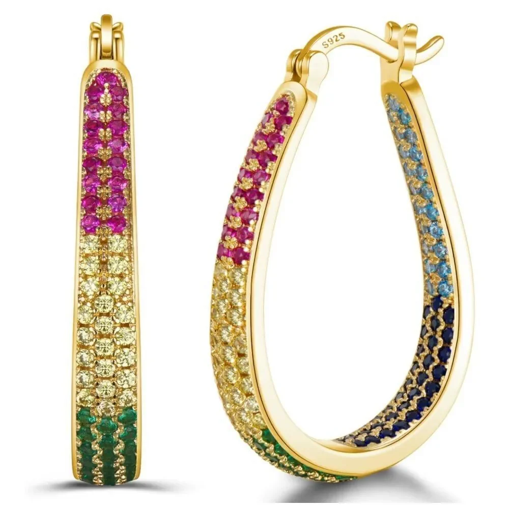 14K Yellow Gold Sterling Silver with Multicolored Cubic Zirconia Hoop Earrings